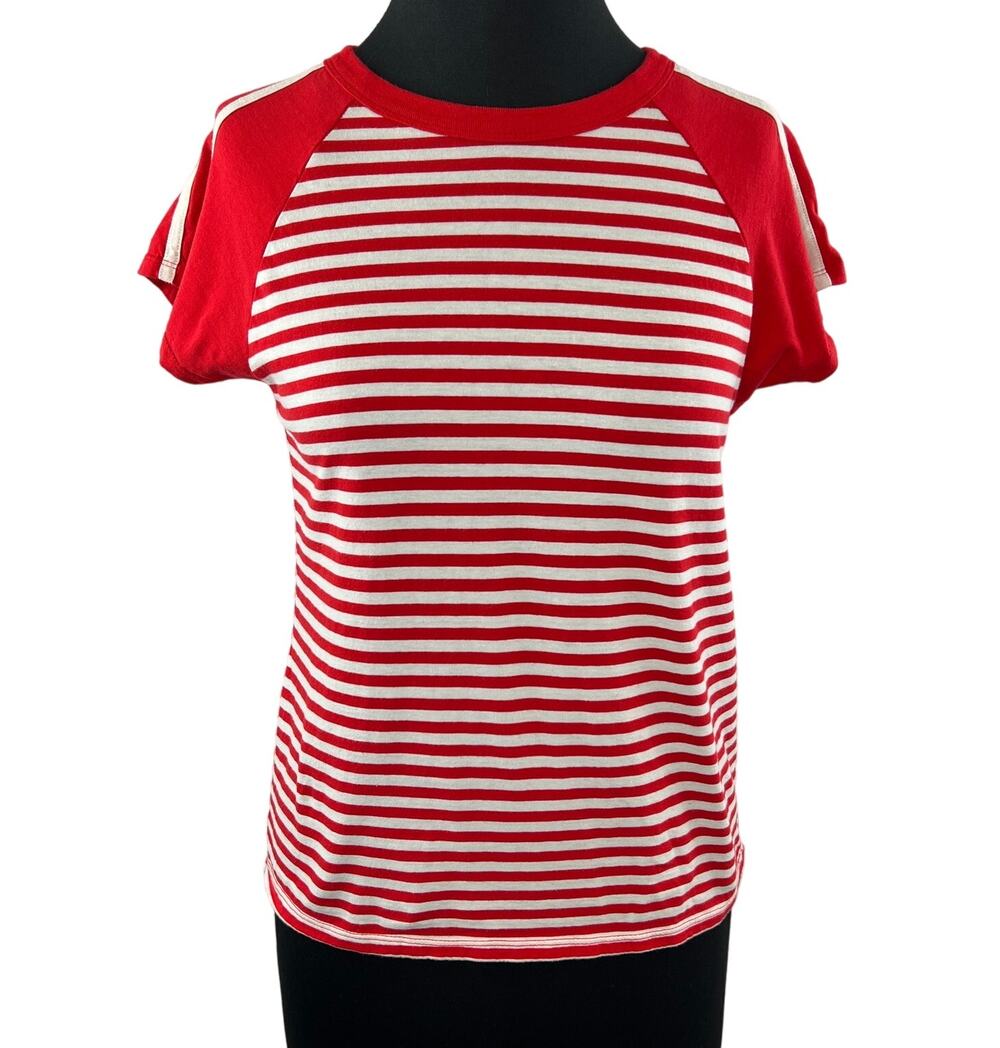 Current/Elliott Red White Stripe The Saturday Raglan Stripe Cotton Tee Shirt 1 S